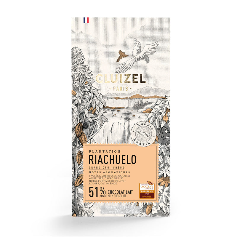 Chokladshopen Cluizel Riachuelo Lait 51% mjölkchokladkaka med illustration av brasiliansk natur och fåglar