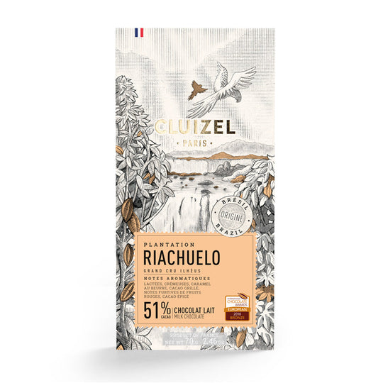 Chokladshopen Cluizel Riachuelo Lait 51% mjölkchokladkaka med illustration av brasiliansk natur och fåglar