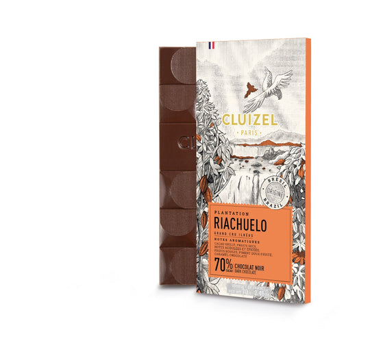 Chokladshopen Cluizel Riachuelo Noir 70% mörk chokladkaka med illustrerad förpackning från brasiliansk plantage