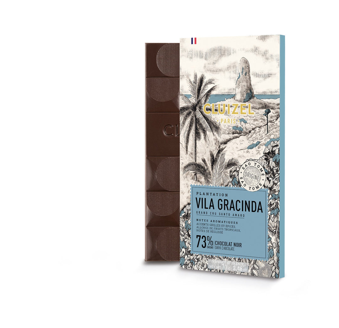 Chokladshopen Cluizel Vila Gracinda 73% mörk chokladkaka med illustrerat papper från Sao Tomé-plantagen