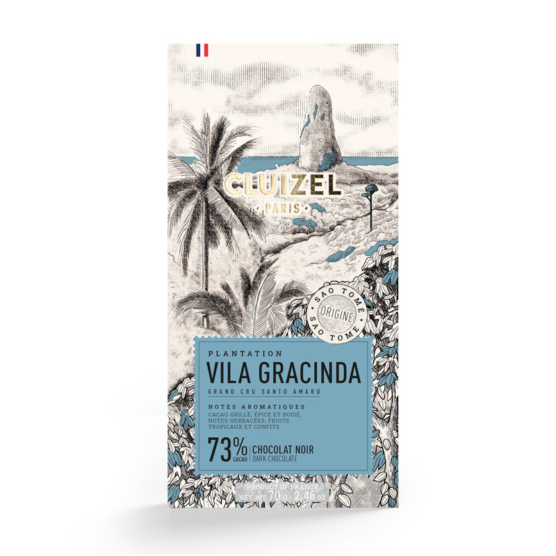 Chokladshopen Cluizel Vila Gracinda 73% mörk chokladkaka med illustration av plantage på Sao Tomé