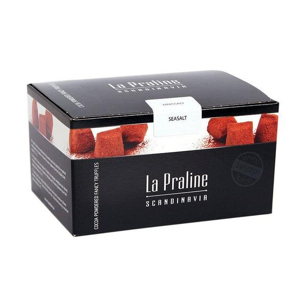 Chokladshopen La Praline chokladtryfflar med havssalt i svart presentask pudrade med kakao