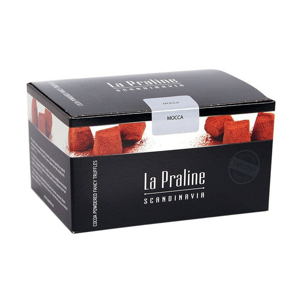 Chokladshopen La Praline Mocca chokladtryfflar i svart ask pudrade med kakao och kaffesplitter