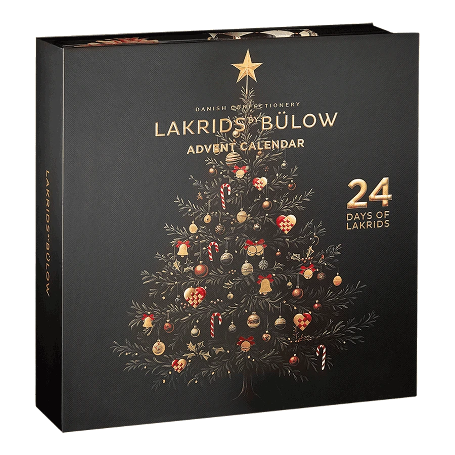 Chokladshopen Lakrids by Bülow adventskalender med svart och guldig julgransillustration för 24 dagars gourmetlakrids