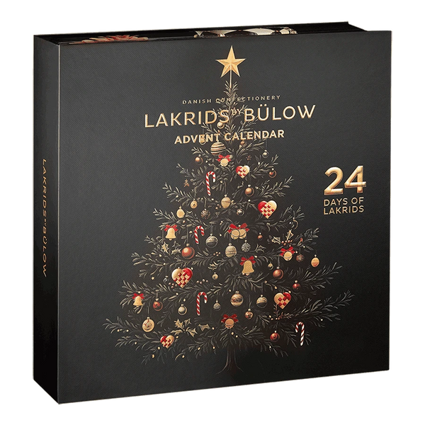 Chokladshopen Lakrids by Bülow adventskalender med svart och guldig julgransillustration för 24 dagars gourmetlakrids