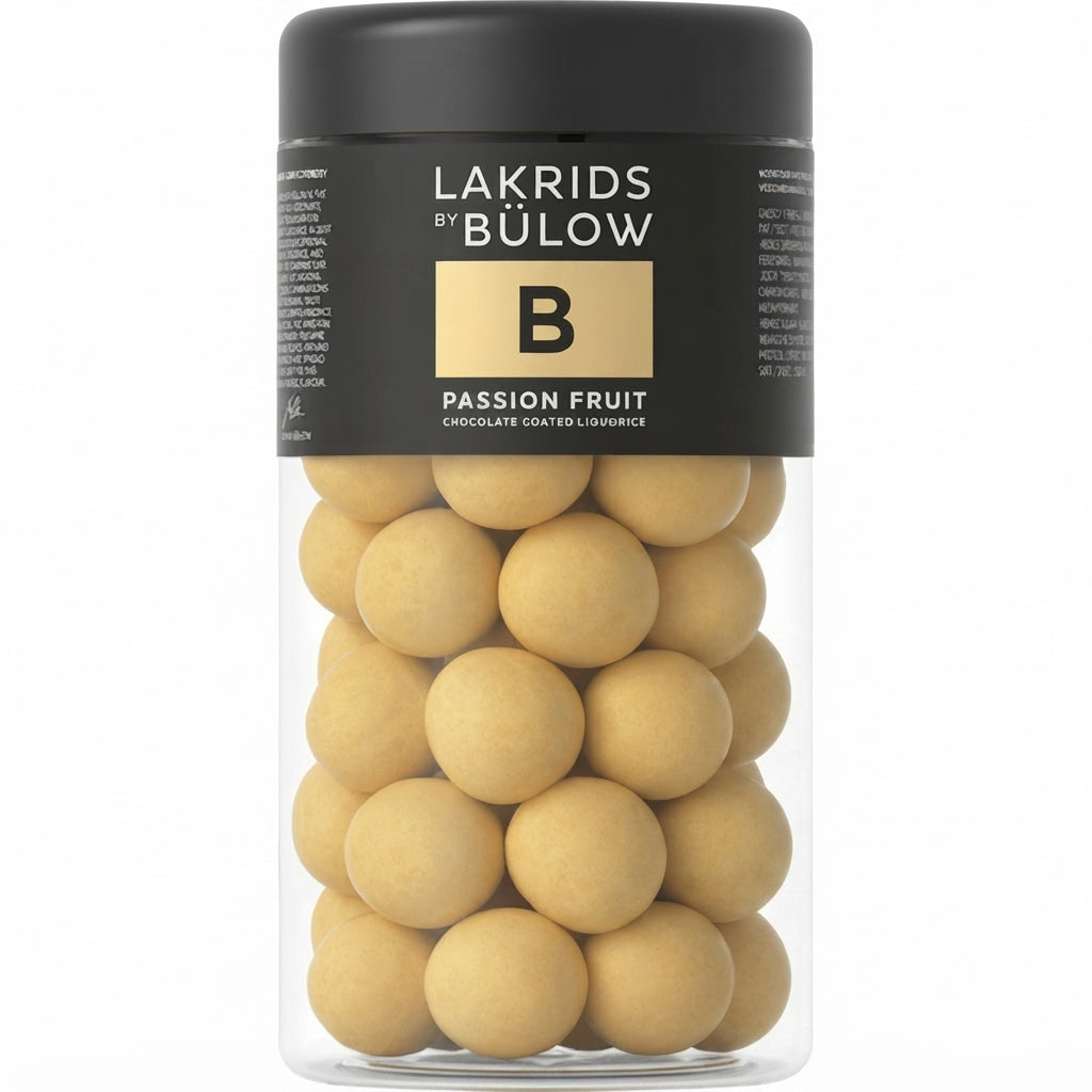 Chokladshopen Lakrids By Bülow B Passion Fruit lakritskulor täckta med vit choklad och passionsfrukt i burk