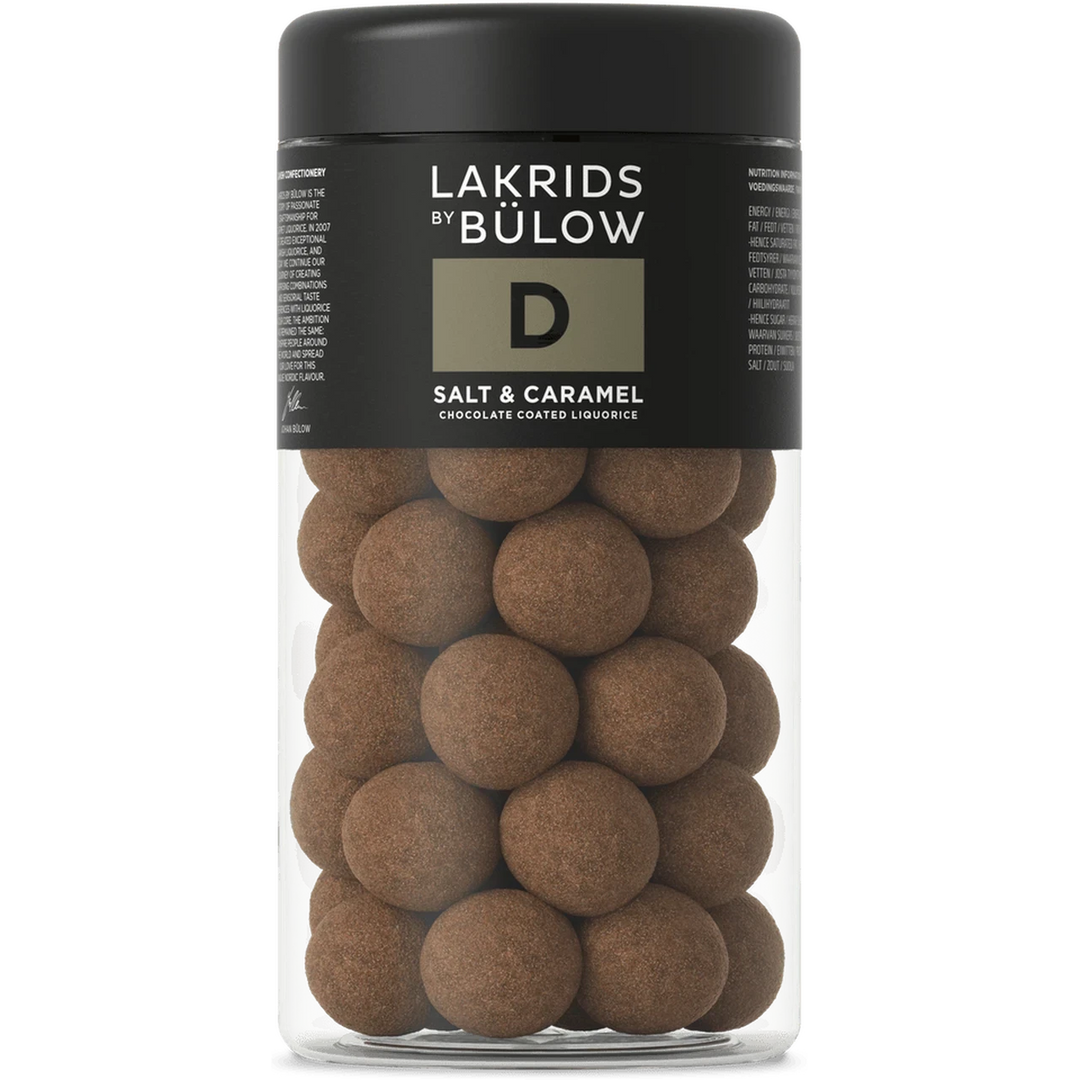 Chokladshopen Lakrids By Bülow D Salt & Caramel lakritskulor dragerade med dulchechoklad och havssalt i burk