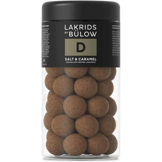 Chokladshopen Lakrids By Bülow D Salt & Caramel lakritskulor dragerade med dulchechoklad och havssalt i burk