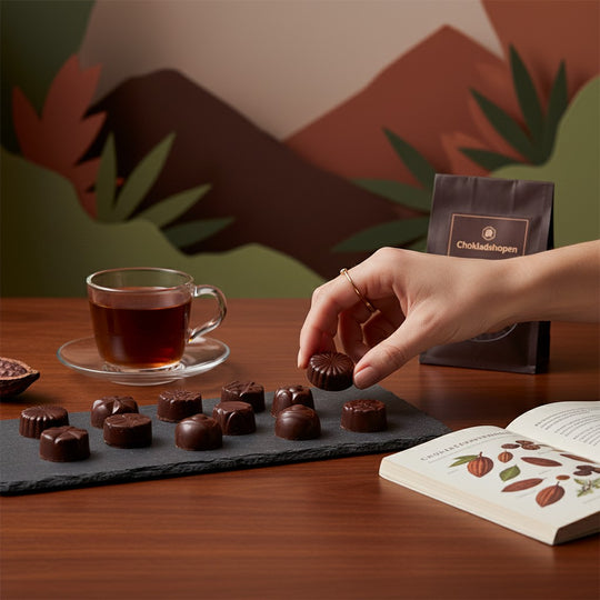 Chokladshopen mörk choklad 2815 i form av praliner på en skifferplatta med en hand som håller en pralin
