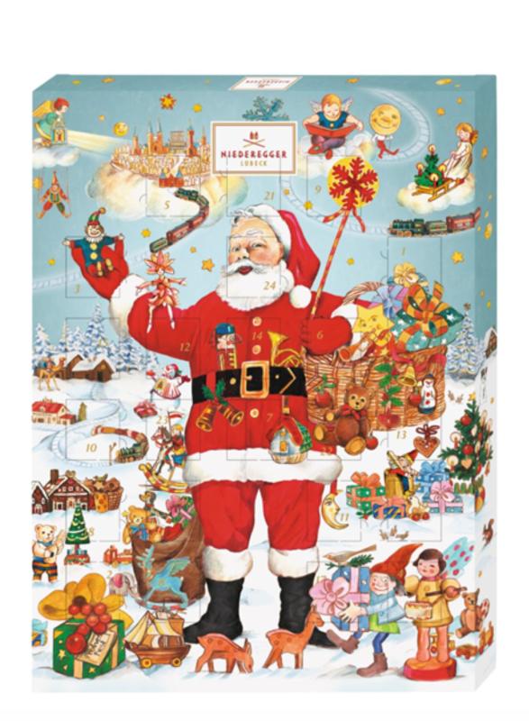 Chokladshopen Niederegger julkalender med nostalgiskt motiv av jultomten och julklappar fylld med marsipan