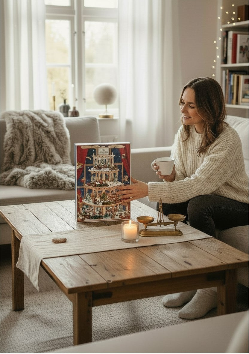 Kvinna i mysig tröja sitter vid ett träbord med Chokladshopen Niederegger julkalender med julpyramidmotiv.