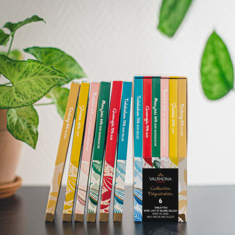 Chokladshopen Valrhona Tasting Collection med sex olika chokladkakor i en presentförpackning med färgglada omslag.