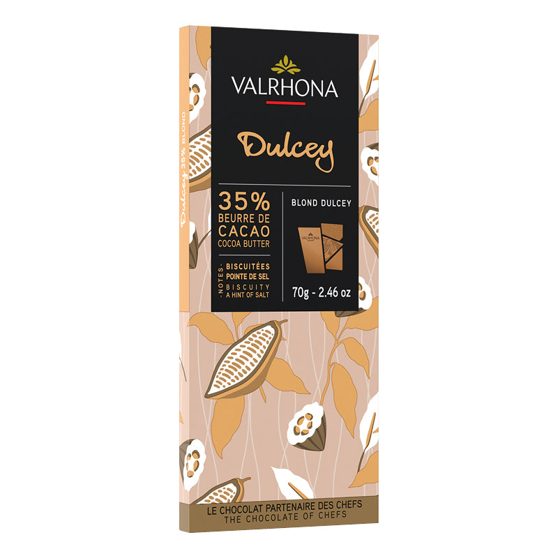 Chokladshopen Valrhona Dulcey 35% blond chokladkaka med smak av smörkola och en nypa salt i 70g förpackning.