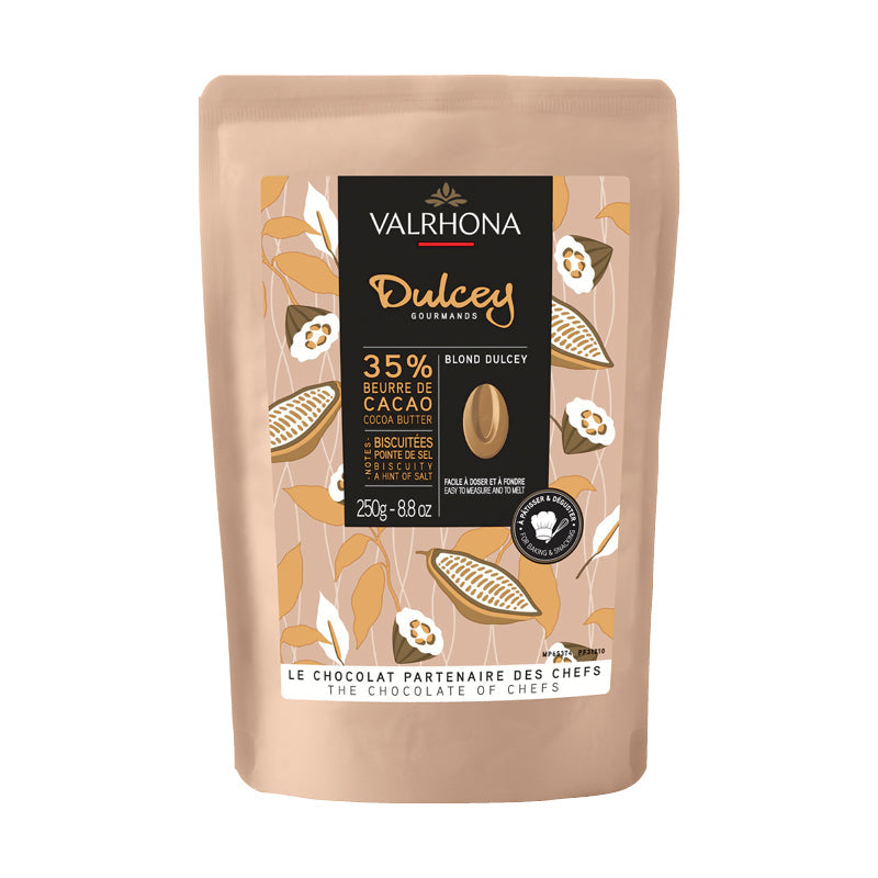 Chokladshopen Valrhona Dulcey 35% blond choklad i 250g påse med toner av kola och smörkex för bakning