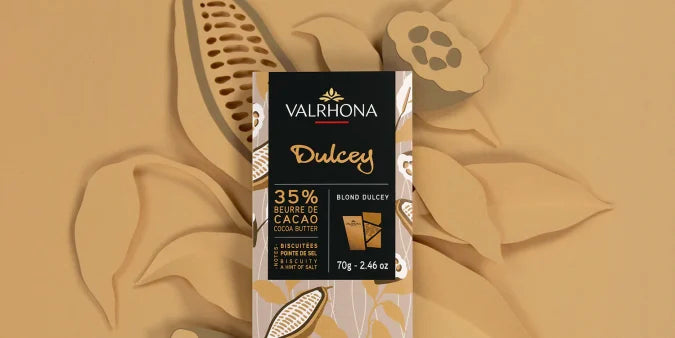 Chokladshopen Valrhona Dulcey 35% blond chokladkaka med toner av smörkola och en lättsaltad finish i 70g förpackning