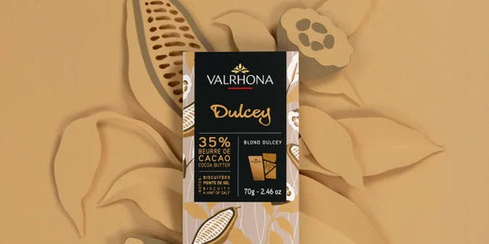Chokladshopen Valrhona Dulcey 35% blond chokladkaka med toner av smörkola och en lättsaltad finish i 70g förpackning
