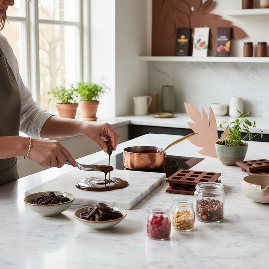 Chokladshopen Valrhona Guanaja 70% mörk choklad som smälts på en marmorskiva för bakning i ett ljust kök.