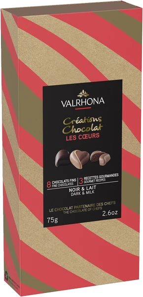 Chokladshopen Valrhona presentask med hjärtformade praliner i ljus och mörk choklad