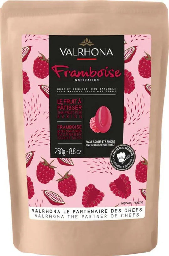 Chokladshopen Valrhona Inspiration Hallon choklad i 250g förpackning med hallonmönster för bakning och desserter