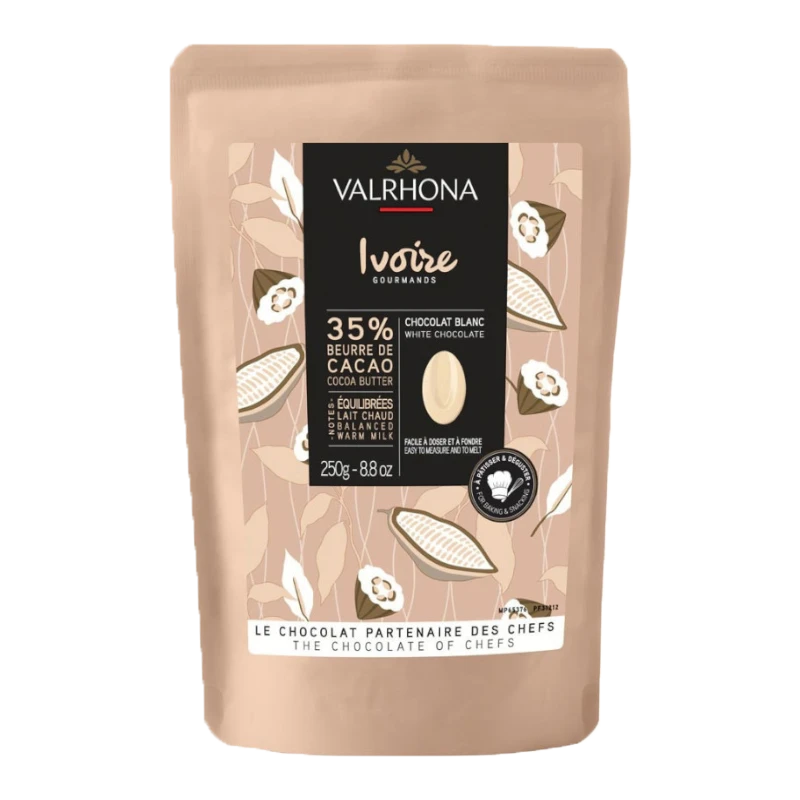 Chokladshopen Valrhona Ivoire 35% vit choklad i 250g påse med smak av vanilj och mjölk för bakning