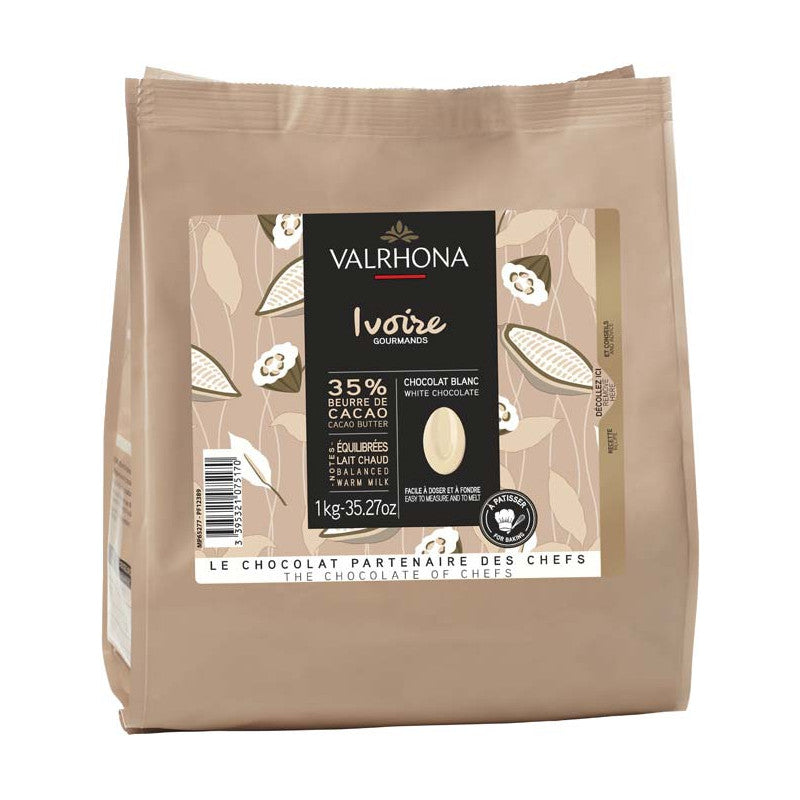Chokladshopen Valrhona Ivoire 35% vit choklad i 1 kg påse med vaniljtoner för bakning och desserter