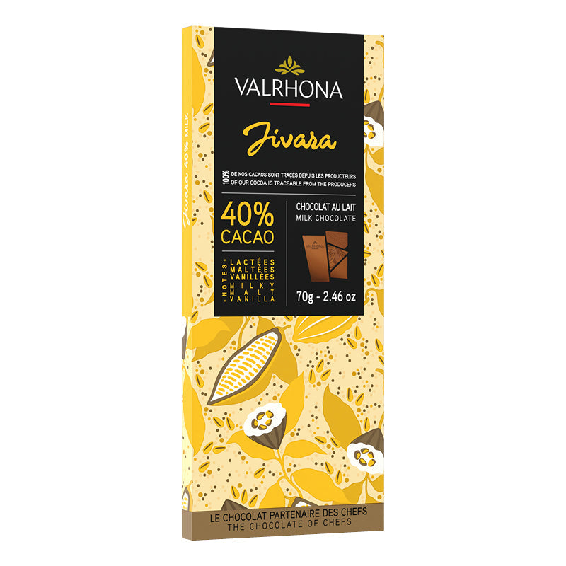 Chokladshopen Valrhona Jivara 40% mjölkchokladkaka med krämiga aromer av vanilj och malt i dekorativ förpackning