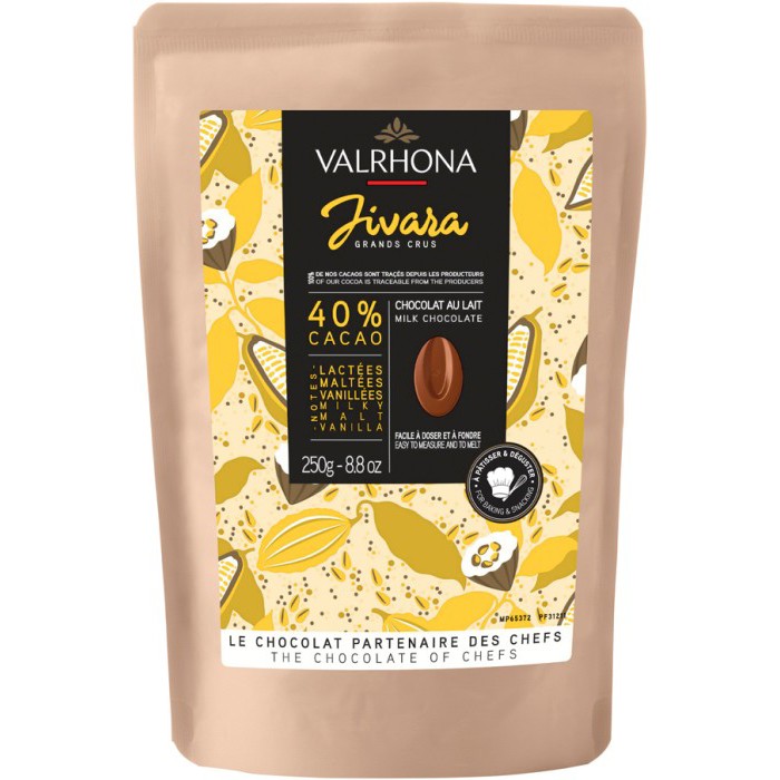 Chokladshopen Valrhona Jivara 40% mjölkchoklad i 250g påse med toner av vanilj och malt för bakning och desserter