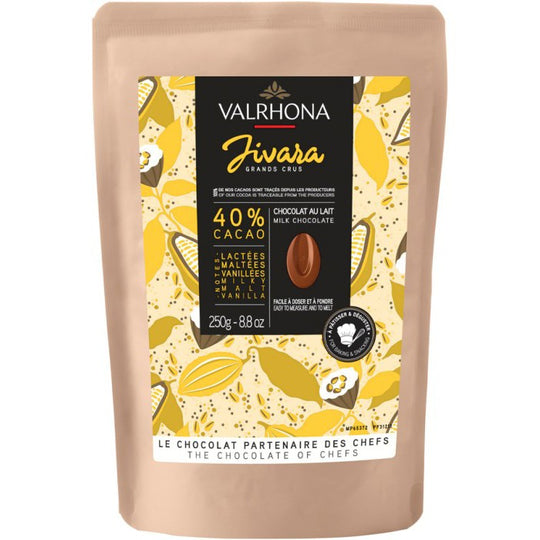 Chokladshopen Valrhona Jivara 40% mjölkchoklad i 250g påse med toner av vanilj och malt för bakning och desserter