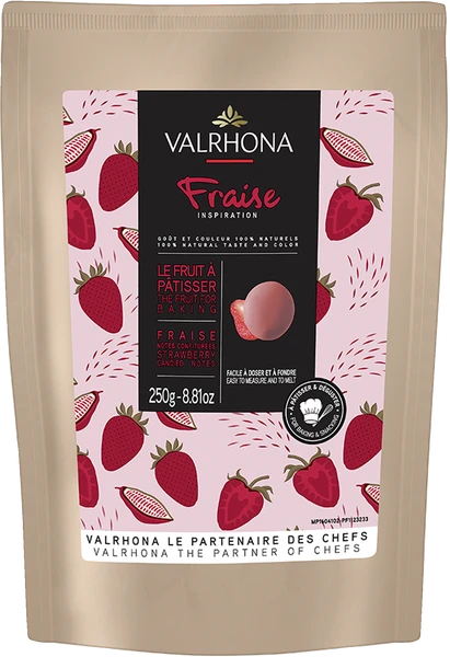 Chokladshopen Valrhona Inspiration Jordgubb 250g påse med jordgubbssmakande chokladknappar för bakning.