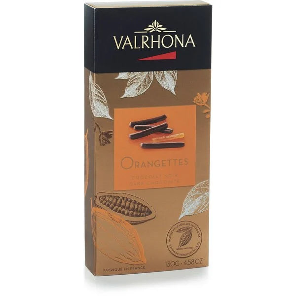 Chokladshopen Valrhona kanderade apelsinskal doppade i mörk choklad i en elegant presentförpackning på 130g