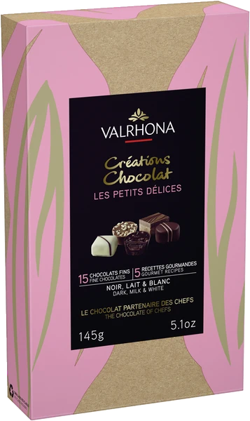 Chokladshopen Valrhona presentask Franska fröjder med 145g lyxiga praliner i ljus, mörk och vit choklad.