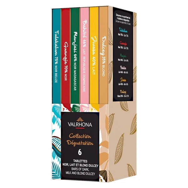 Chokladshopen Valrhona Tasting Collection med sex olika chokladkakor i en dekorativ presentförpackning