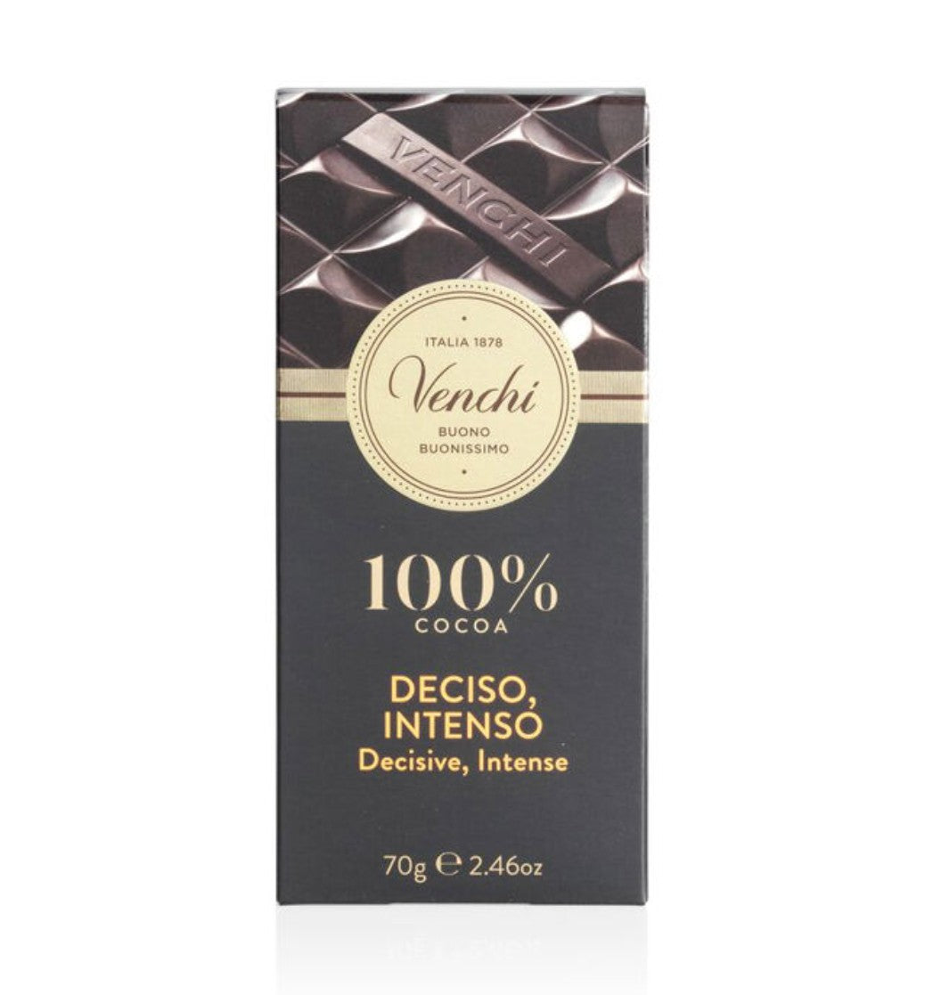 Chokladshopen Venchi 100% kakao mörk chokladkaka i elegant svart förpackning för en intensiv smakupplevelse.