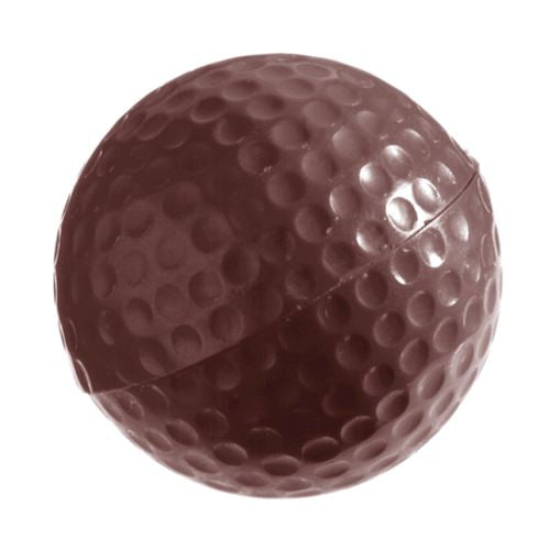 Golfbollsformad mörk chokladpralin med dimpad yta och högglansig finish