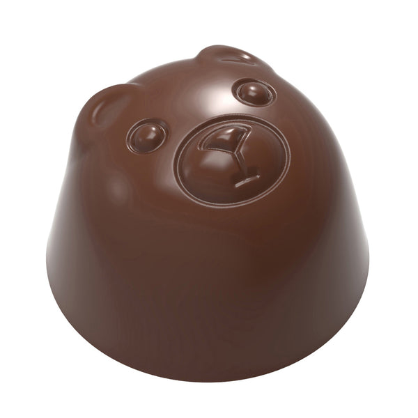 Glansig chokladpralin i björnform med detaljerade ögon och näsa