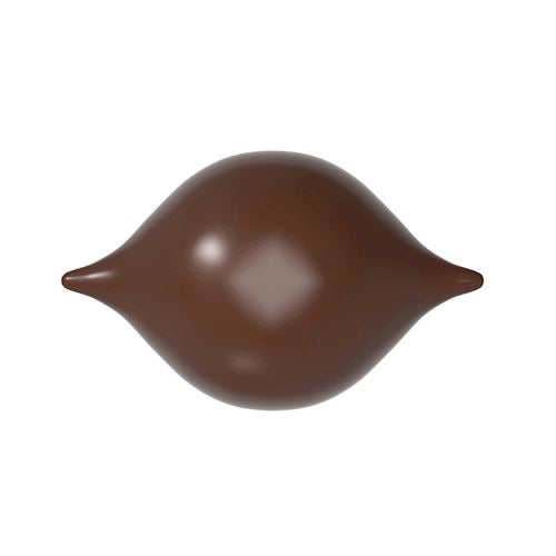 Glansig mörkbrun chokladpralin i elegant kurva med spetsiga ändar