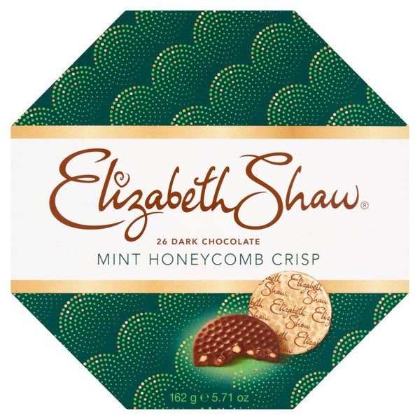 Närbild på etikett för Elizabeth Shaw Mint Crisp mörk choklad med honungskrisp