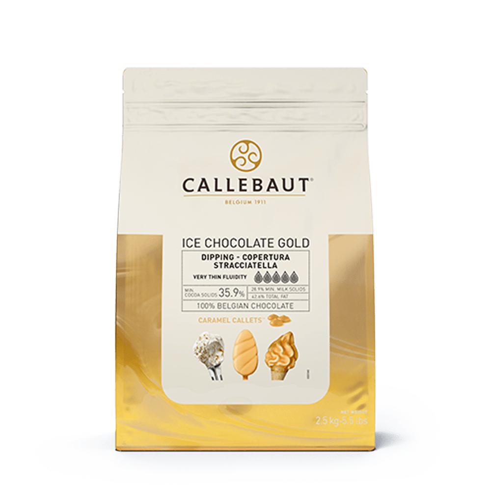 Callebaut Ice Chocolate Gold 35.9% cocoa caramel callets in 2.5kg stand-up pouch