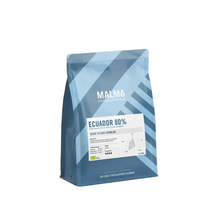Malmö Chokladfabrik Ecuador 80% bean to bar choklad i blå förpackning, ekologisk och vegansk