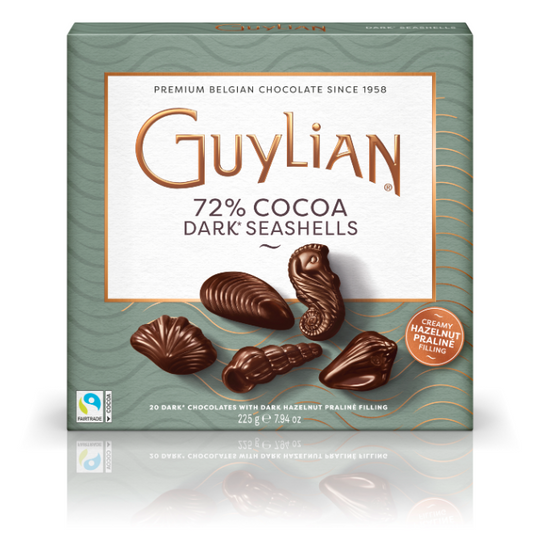 Guylian mörka sjöfrukter chokladask med 72% kakao och hasselnötspaliné
