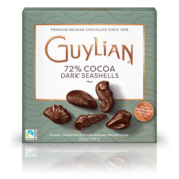 Guylian mörka sjöfrukter chokladask med 72% kakao och hasselnötspaliné