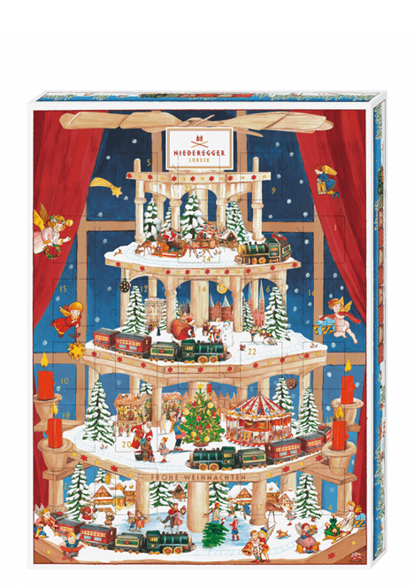 Niederegger Julkalender chokladpyramid med julpyramidillustration