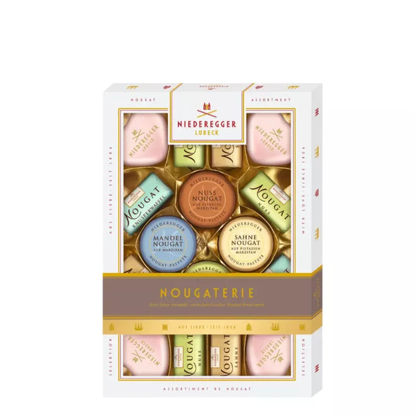 Niederegger Nougat ask 206g med färgglada nougatbitar i vit presentask