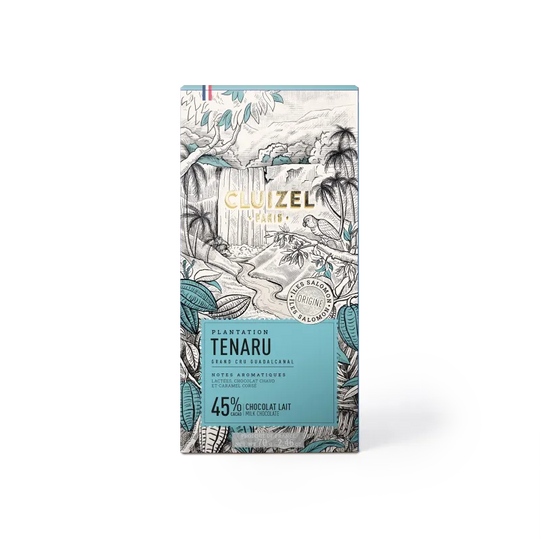 Cluizel Tenaru chokladförpackning med tropisk illustration och etikett