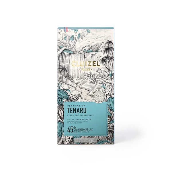 Cluizel Tenaru chokladförpackning med tropisk illustration och etikett