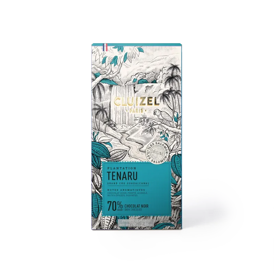 Framsida av Cluizel Tenaru 70% chokladpaket med illustration av regnskog