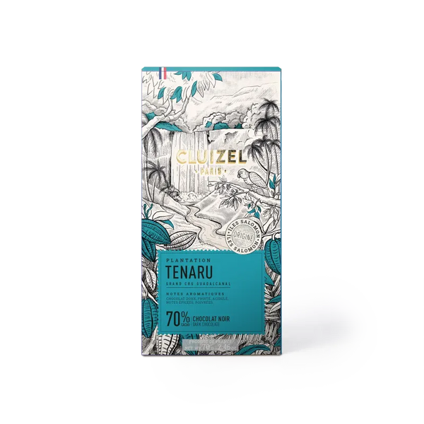 Framsida av Cluizel Tenaru 70% chokladpaket med illustration av regnskog