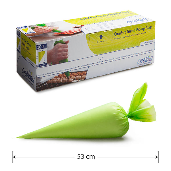 Grön engångsspritspåse i konform med knuten topp, 53 cm lång