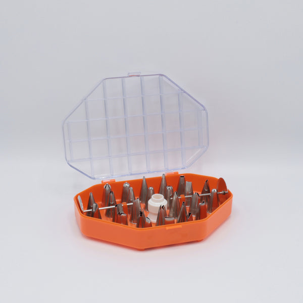 29-delat set nickelpläterade spritsmunstycken i orange plastask