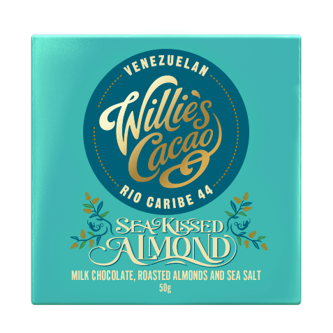 Turkos förpackning Willie's Cacao Sea Kissed Almond mjölkchoklad 50g